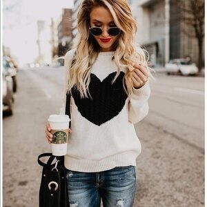 Heart Print Graphic Crewneck Cable Knit Sweater Cream with Black Heart Size M